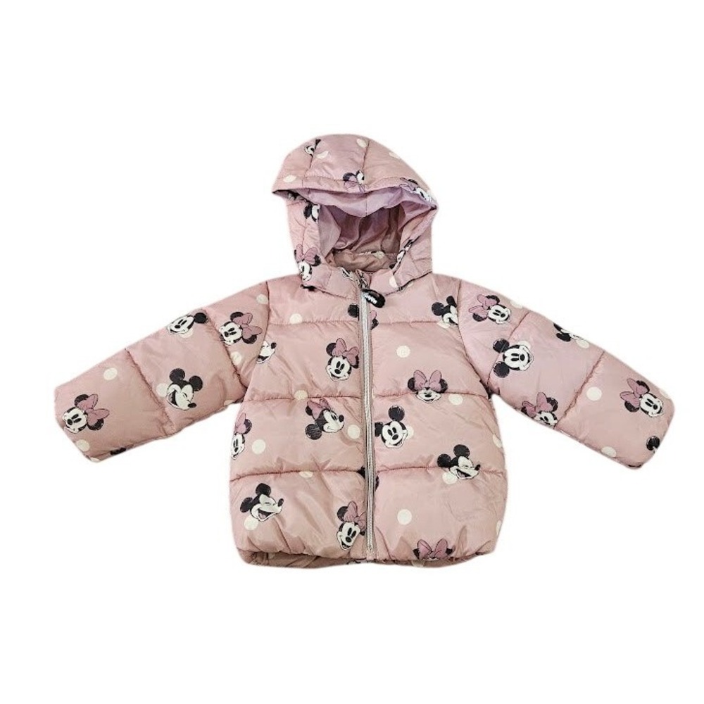H&M Disney Minnie Mouse Pink Polka Dot Puffer Jacket Hooded Girl 18 Months